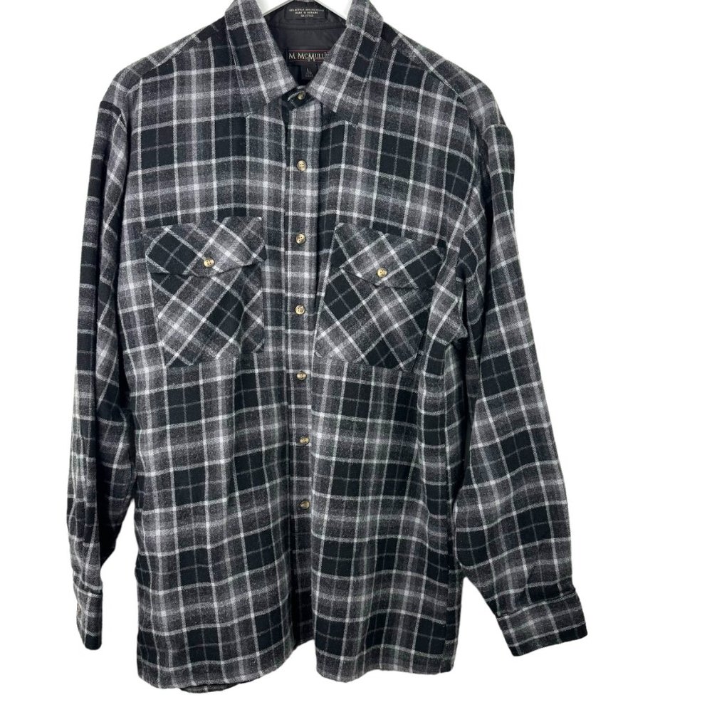 M McMullin Shirt Men Large Long Sleeve Flannel Shacket Plaid Chest Pockets Black